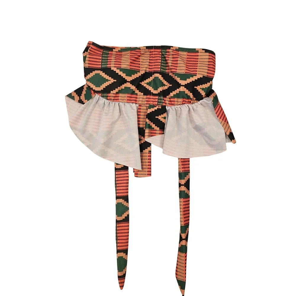 Zeronmeter Geometric‎ Tribal Print Ruffle Swim Skirt Cover Up Orange Green Small